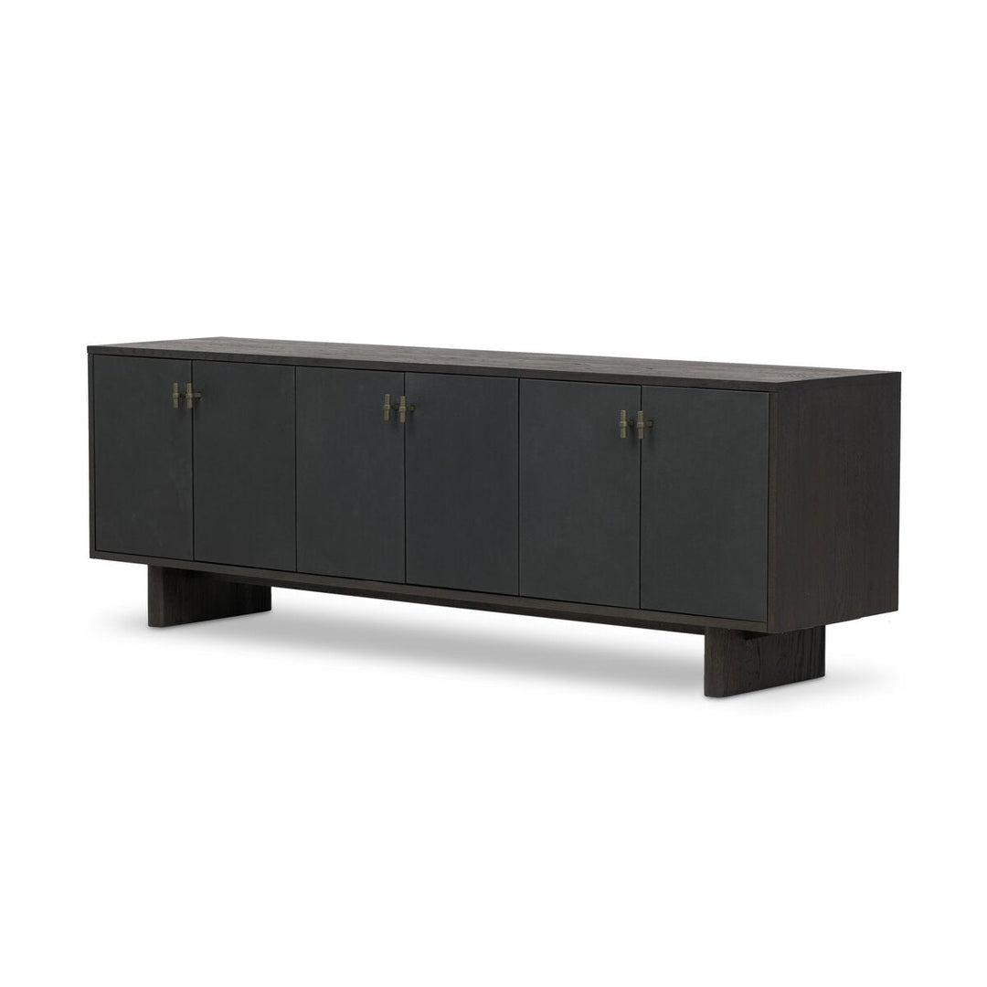 Posada Media Console in Worn Black Oak Veneer three-quarter studio view - Whats New Furniture Portland OR