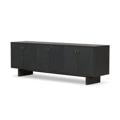 Posada Media Console in Worn Black Oak Veneer three-quarter studio view - Whats New Furniture Portland OR