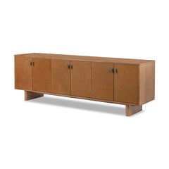 Posada Media Console in Amber Oak Veneer three-quarter studio view - Whats New Furniture Portland OR