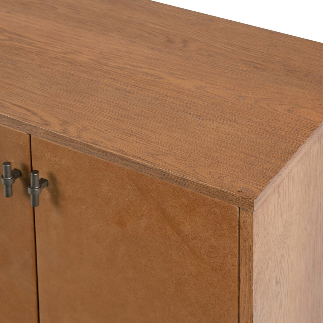 Posada Media Console in Amber Oak Veneer fourth detail view - Whats New Furniture Portland OR