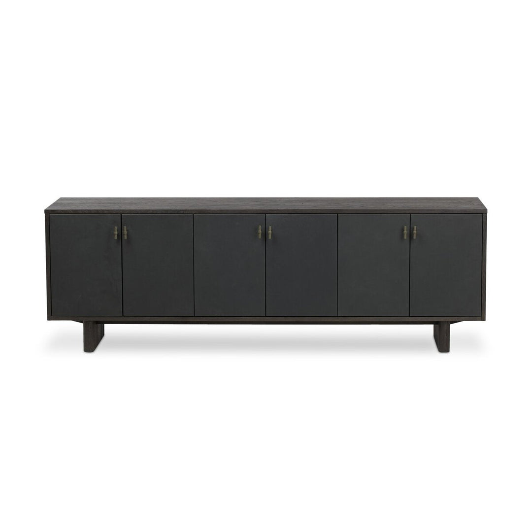 Posada Media Console in Worn Black Oak Veneer front studio view - Whats New Furniture Portland OR