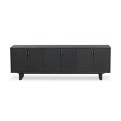 Posada Media Console in Worn Black Oak Veneer front studio view - Whats New Furniture Portland OR
