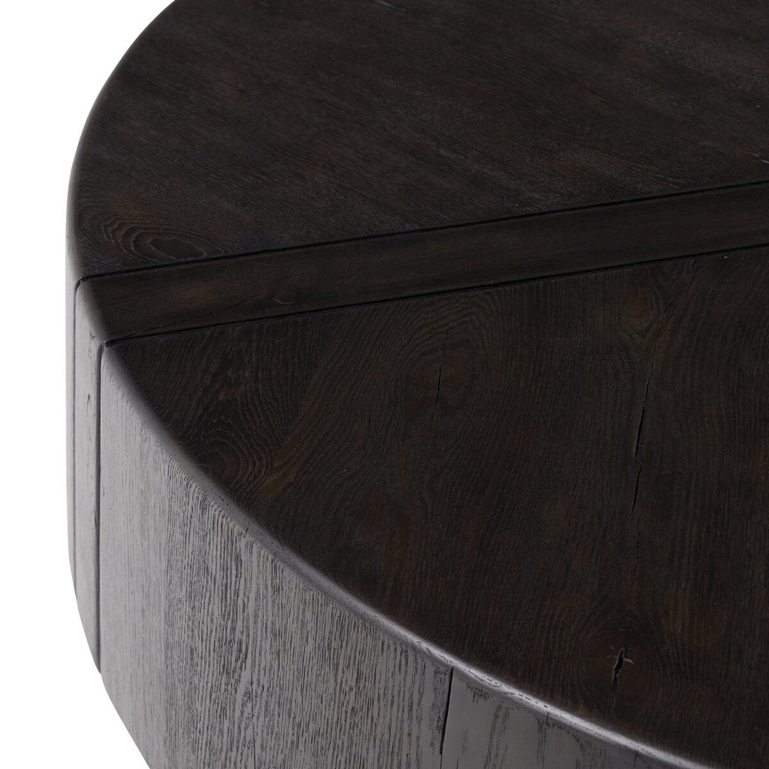 Renan Coffee Table in Dark Espresso Reclaimed French Oak plinth base detail view - Whats New Furniture Portland OR