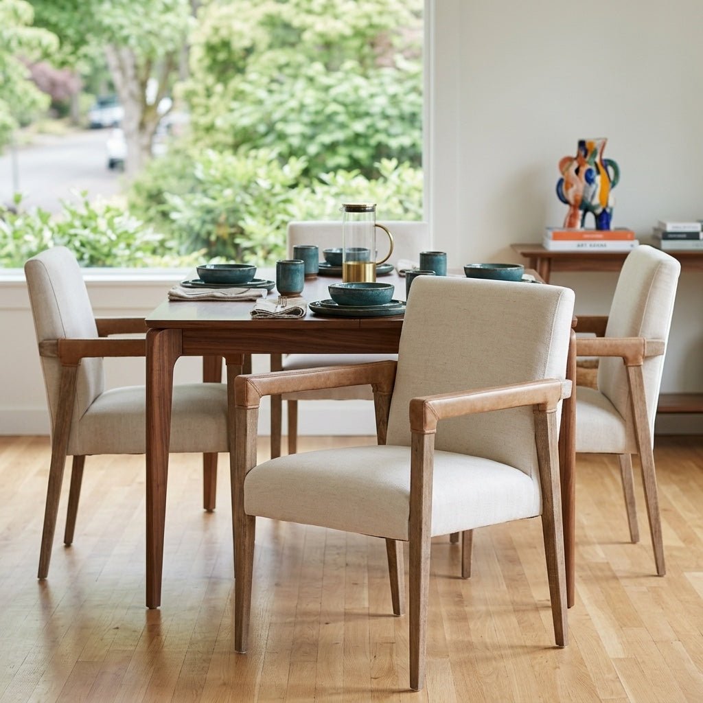 Reuben Dining Chair in Harbor Natural room setting - dining arm chair by Four Hands - Whats New Furniture Portland OR