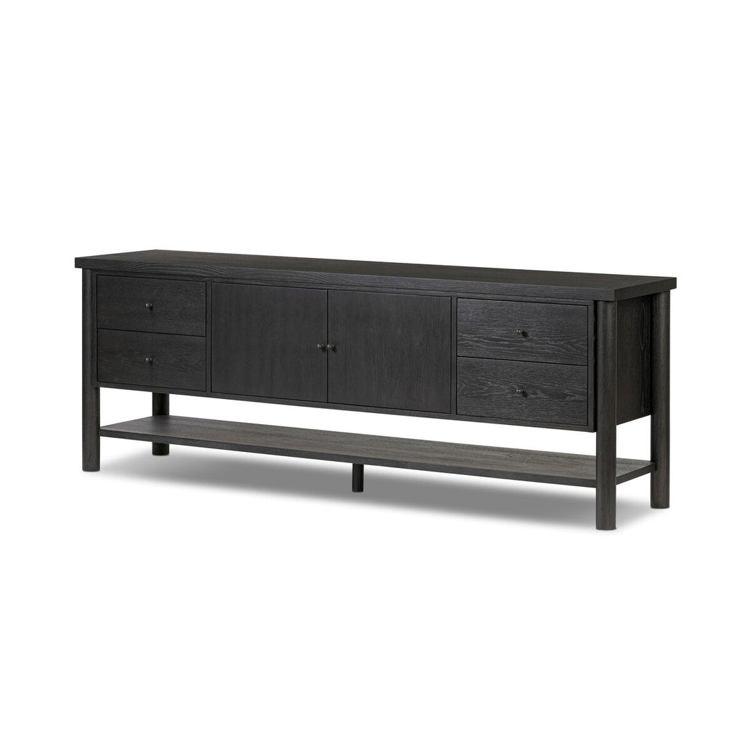 Roark Media Console in Ebony Oak Veneer three-quarter view - Whats New Furniture Portland OR