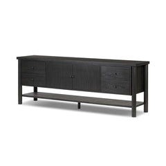 Roark Media Console in Ebony Oak Veneer three-quarter view - Whats New Furniture Portland OR