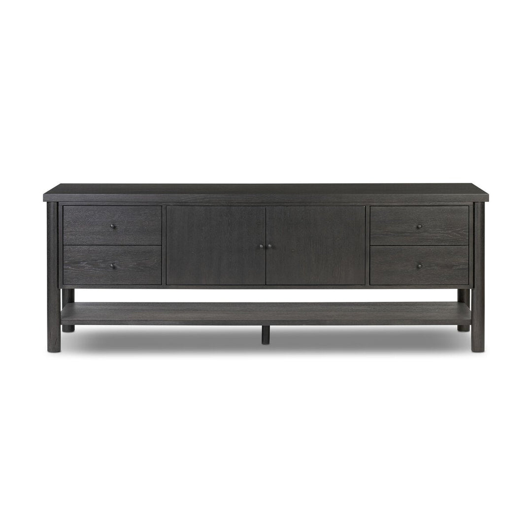 Roark Media Console in Ebony Oak Veneer front studio view - Whats New Furniture Portland OR