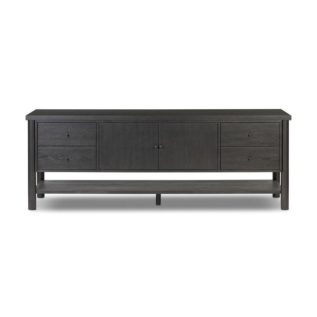 Roark Media Console in Ebony Oak Veneer front studio view - Whats New Furniture Portland OR