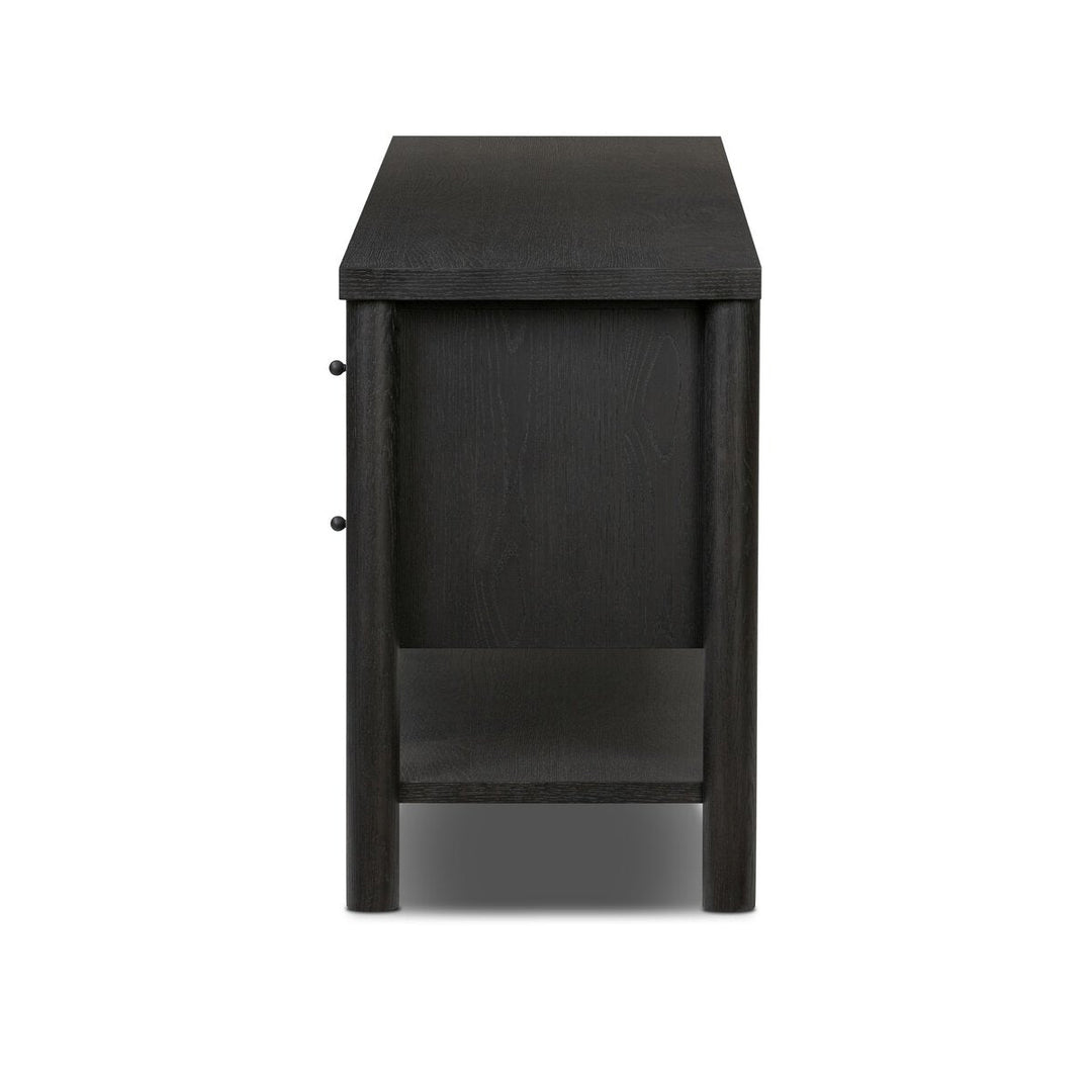 Roark Media Console in Ebony Oak Veneer side view - Whats New Furniture Portland OR