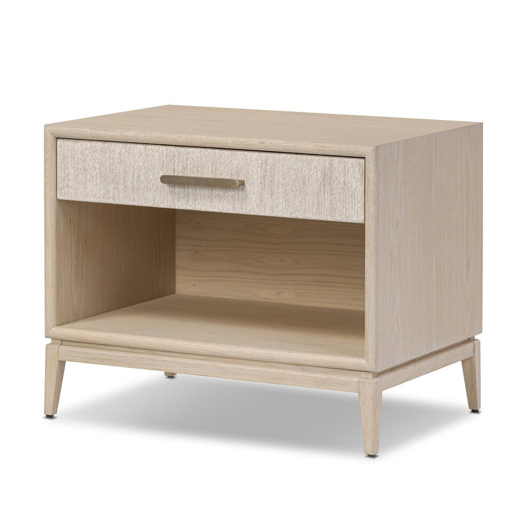 Rosenell Open Nightstand in Natural Oak Veneer three-quarter view showing paper cord drawer - Whats New Furniture Portland OR