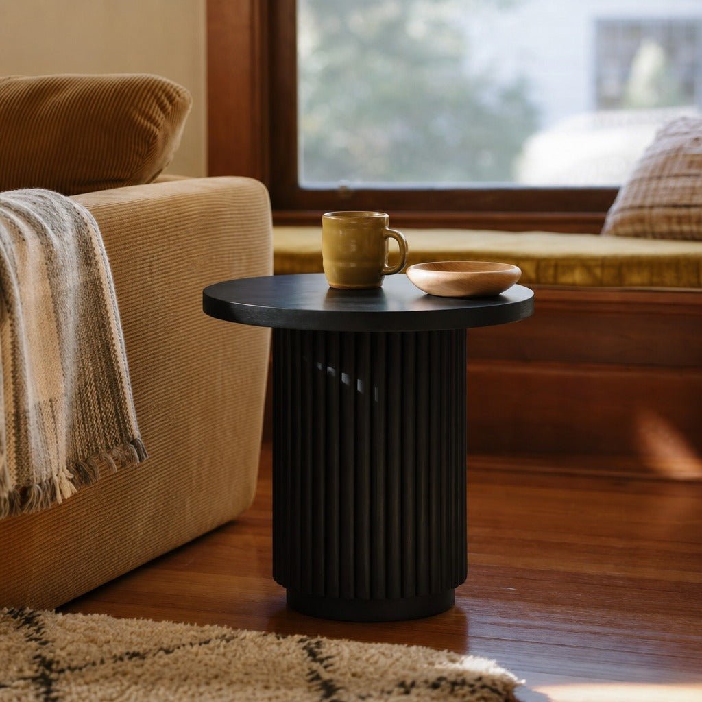 Rutherford End Table in Dark Reclaimed styled in Portland Hawthorne Craftsmbungalow living room - Whats New Furniture