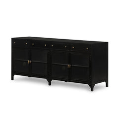 Shadow Box Media Console in Black three-quarter studio view - Whats New Furniture Portland OR