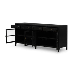 Shadow Box Media Console in Black detail view - Whats New Furniture Portland OR