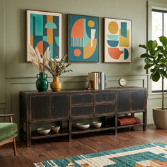 Shizuko Distressed Walnut Sideboard styled in a bright Portland mid-century modern interior - Whats New Furniture
