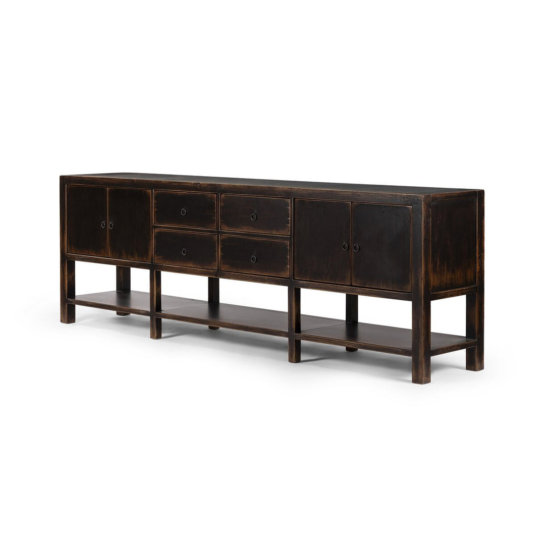 Shizuko Distressed Walnut Sideboard in Distressed Walnut side angle - walnut sideboard by Four Hands - Whats New Furniture Portland OR
