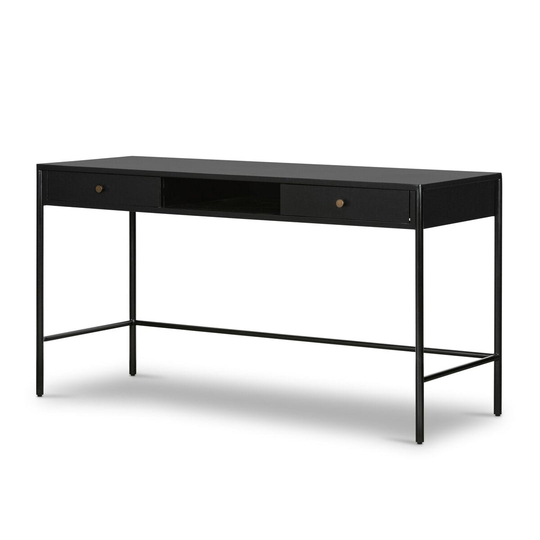 Soto Desk in Black three-quarter view showing slim iron frame - Whats New Furniture Portland OR