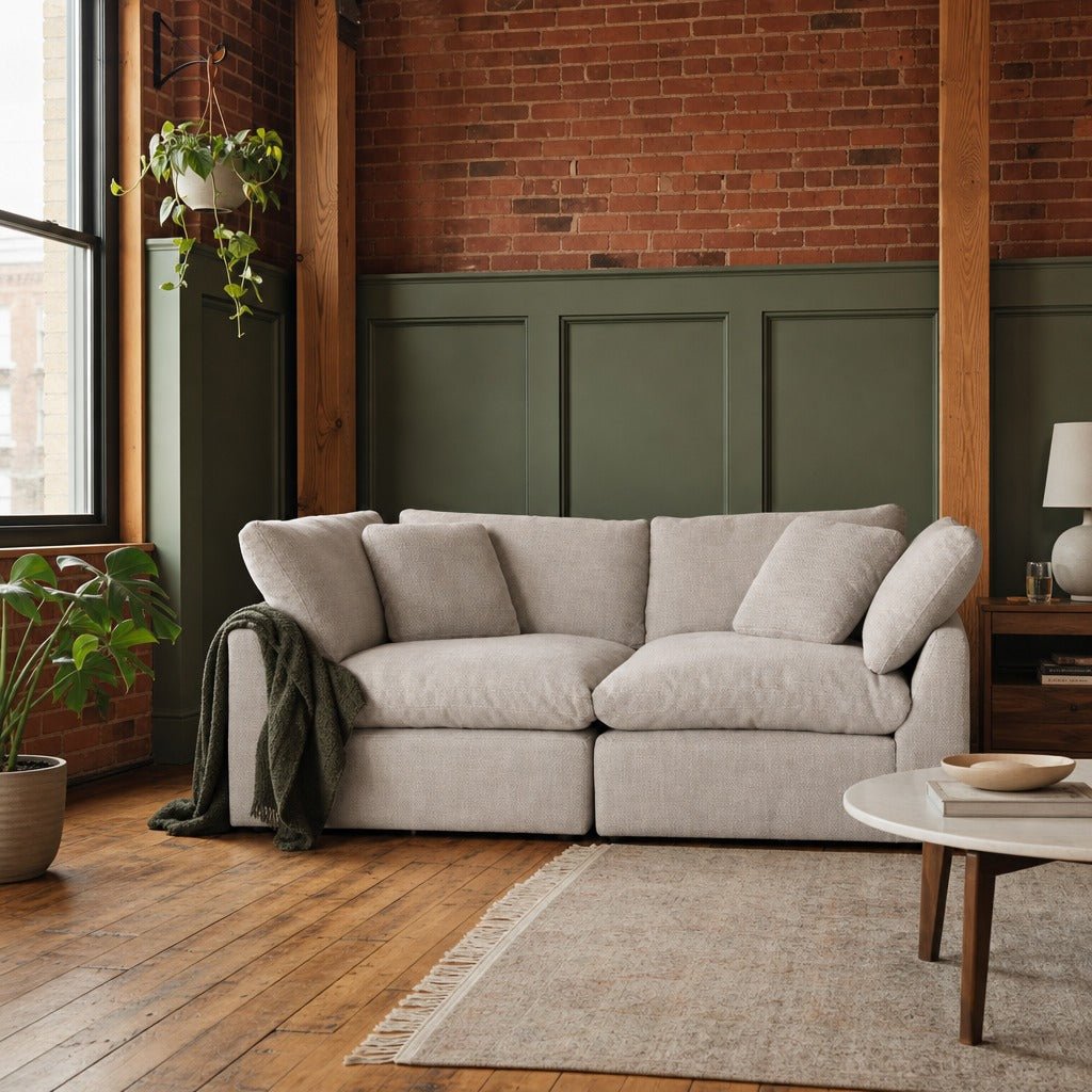 Stevie 2-Piece Sectional in Gibson Wheat styled in Portland converted warehouse flat with warm exposed brick and fir timber beams (no steel, no concrete) living room - Whats New Furniture
