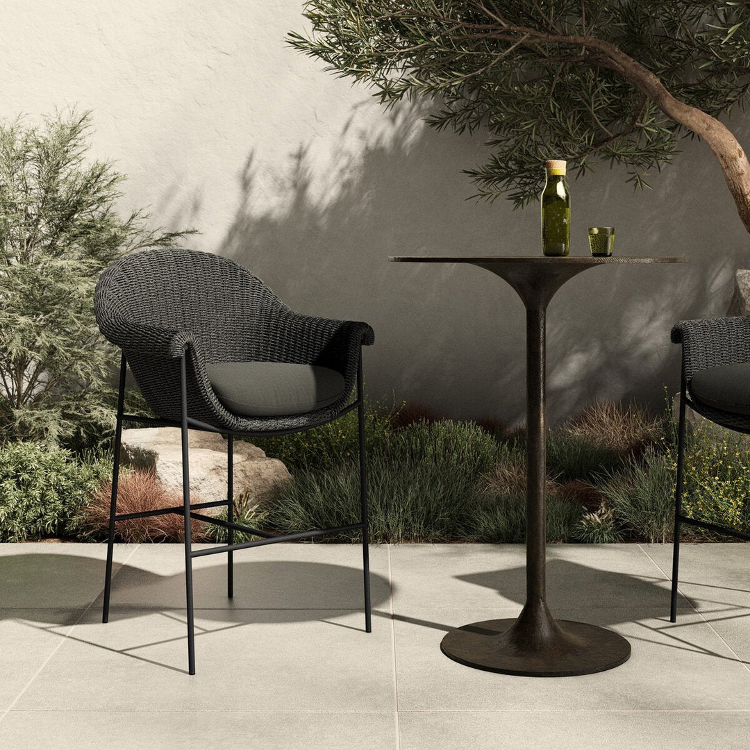 Suerte Outdoor Bar + Counter Stool in Arashi Ink back view - Whats New Furniture Portland OR