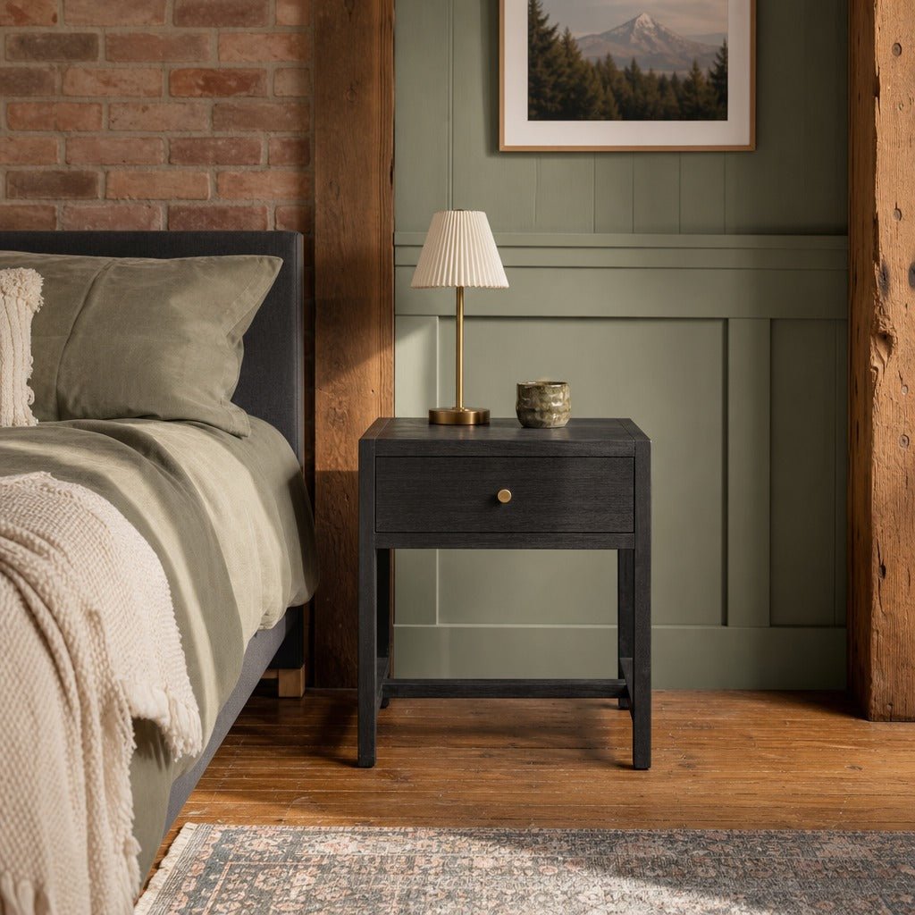 Sullivan Small Nightstand in Black Acacia styled in Portland converted warehouse flat with warm exposed brick and fir timber beams (no steel, no concrete) bedroom - Whats New Furniture