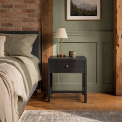 Sullivan Small Nightstand in Black Acacia styled in Portland converted warehouse flat with warm exposed brick and fir timber beams (no steel, no concrete) bedroom - Whats New Furniture