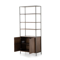 Trey Modular Wide Bookcase in Auburn Poplar leather pull detail view - Whats New Furniture Portland OR