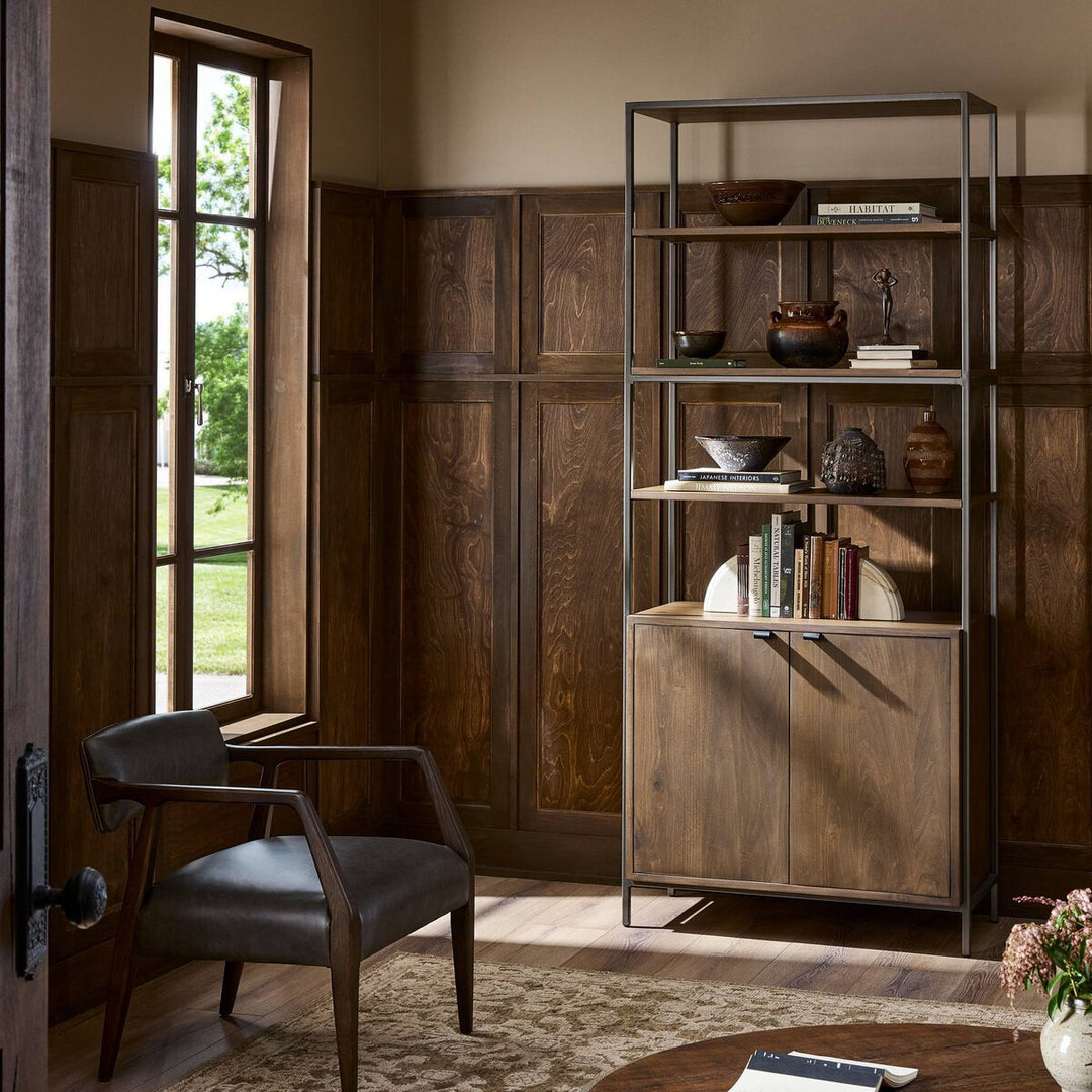 Trey Modular Wide Bookcase in Auburn Poplar back studio view - Whats New Furniture Portland OR