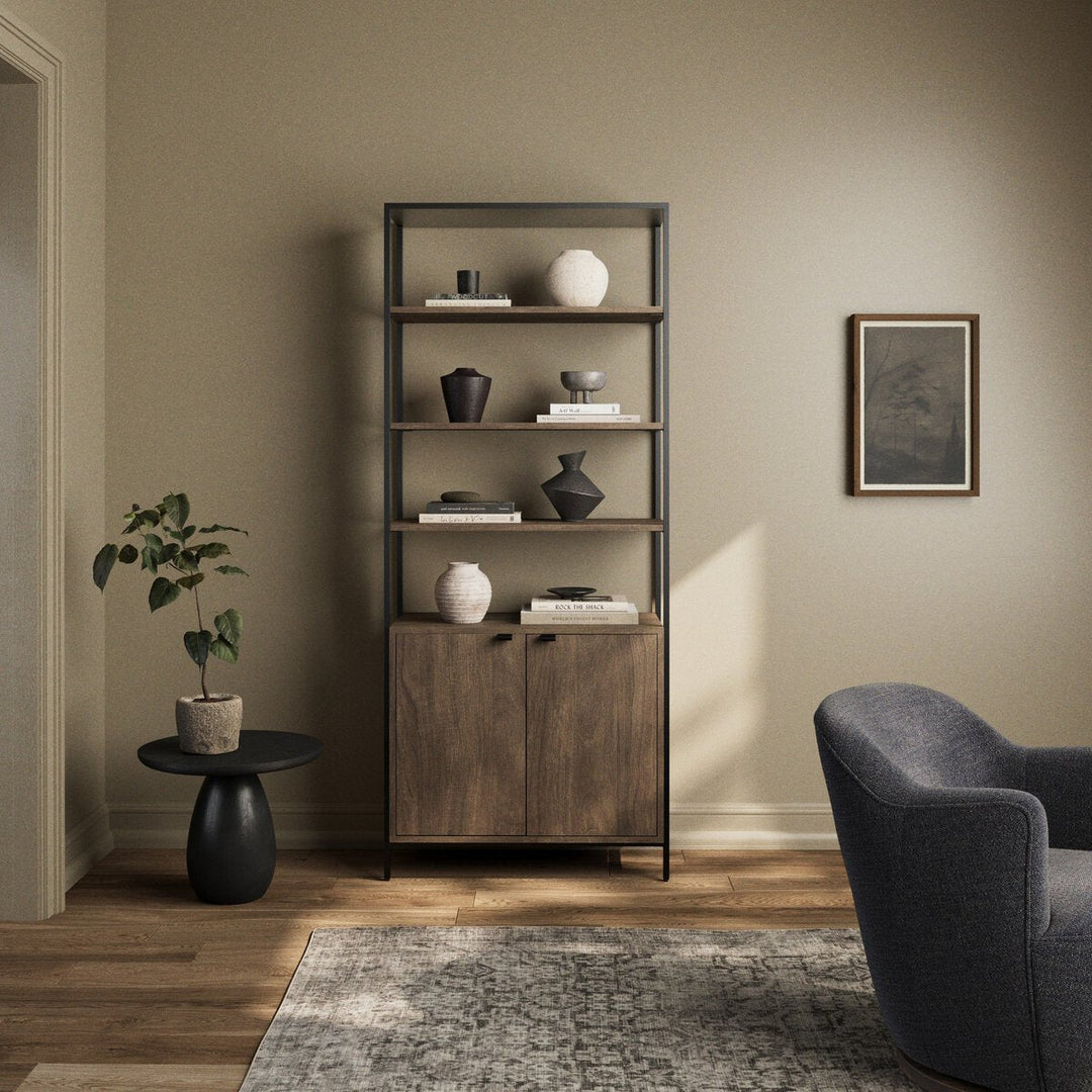 Trey Modular Wide Bookcase in Auburn Poplar leather pull detail view - Whats New Furniture Portland OR