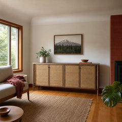Veta Sideboard in Taupe Mango styled in Portland Mt. Tabor mid-century daylight ranch dining room - Whats New Furniture