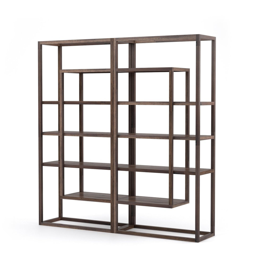 Waylon Double Bookshelf in Harvest Brown three-quarter view showing open etagere frame - Whats New Furniture Portland OR