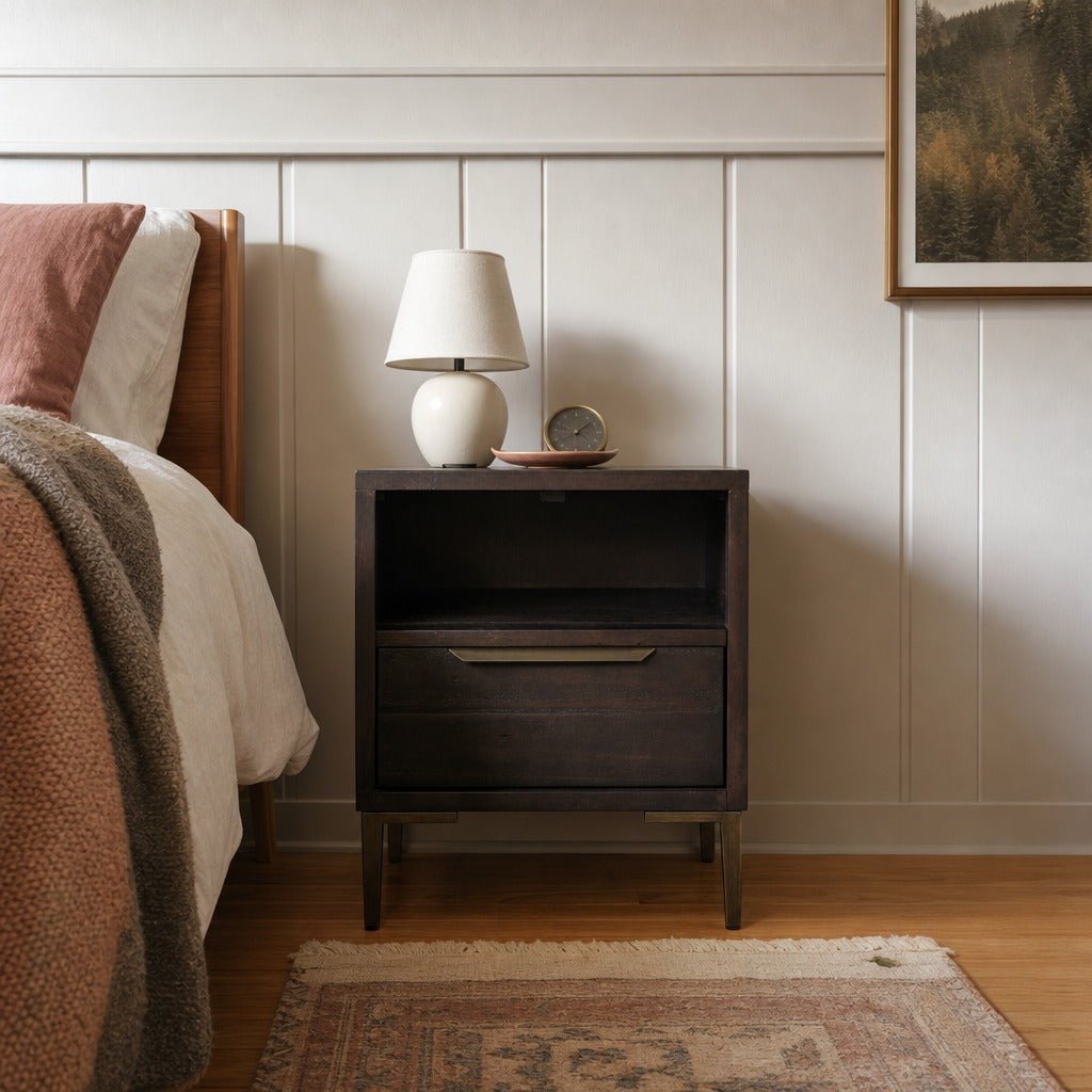 Wyeth Nightstand styled in Portland 1960s Garden Home ranch bedroom - Whats New Furniture