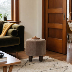 Zena Ottoman in Altair Mushroom styled in Portland St. Johns bungalow living room - Whats New Furniture