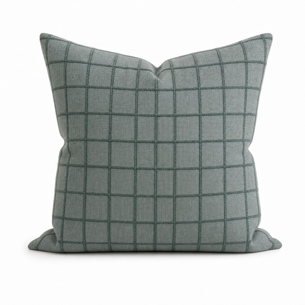 Four Top Steel Blue Windowpane Throw Pillow front view by Decor Fifty-Five - Whats New Furniture Portland OR