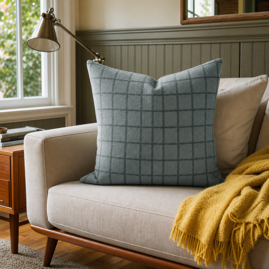 Four Top Steel Blue Windowpane Throw Pillow styled in a Portland Hawthorne bungalow living room lifestyle - Whats New Furniture