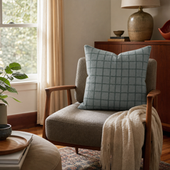 Four Top Steel Blue Windowpane Throw Pillow styled in a Portland Alberta Arts sitting room lifestyle - Whats New Furniture