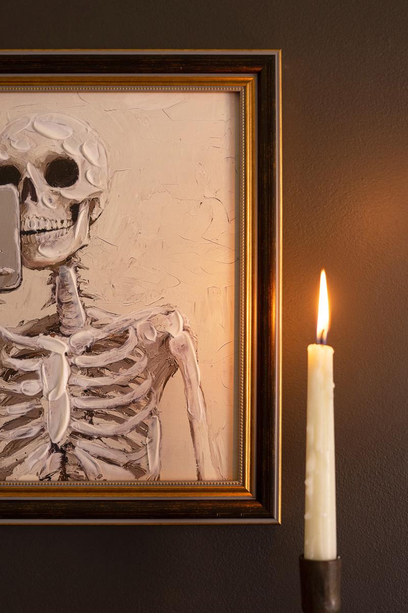 Framed Halloween Skeleton with Cell Phone Painting — detail view 3