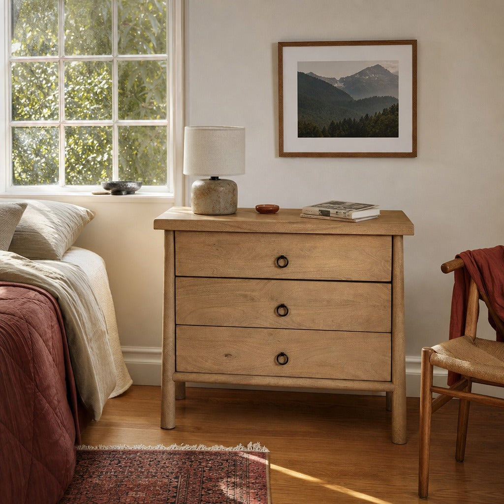 Freddie Chest in Caramel Mango styled in Portland Mt. Tabor mid-century daylight ranch bedroom - Whats New Furniture