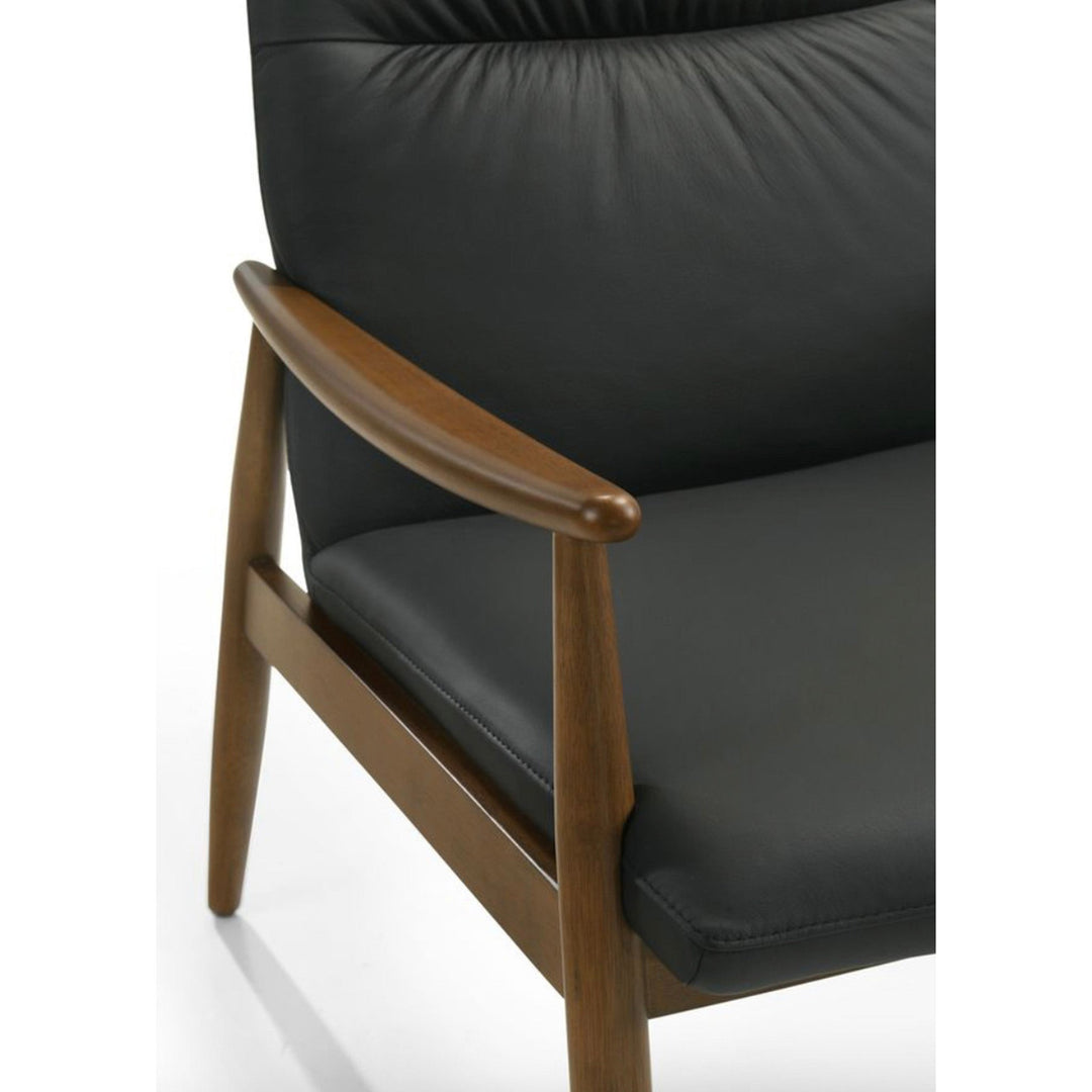 Frida Black Leather Arm Chair in 625 Black / Walnut - arm and seat detail studio view - Arm Chair by Kube Import - Whats New Furniture Portland OR