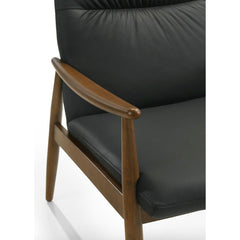 Frida Black Leather Arm Chair in 625 Black / Walnut - arm and seat detail studio view - Arm Chair by Kube Import - Whats New Furniture Portland OR