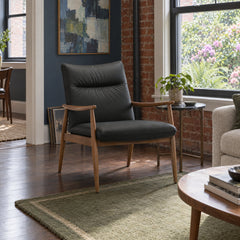 Frida Black Leather Arm Chair in 625 Black / Walnut styled in a Portland home - Whats New Furniture