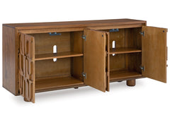Gadburg Sideboard in Honey Brown interior detail - honey brown sideboard by Ashley - Whats New Furniture Portland OR