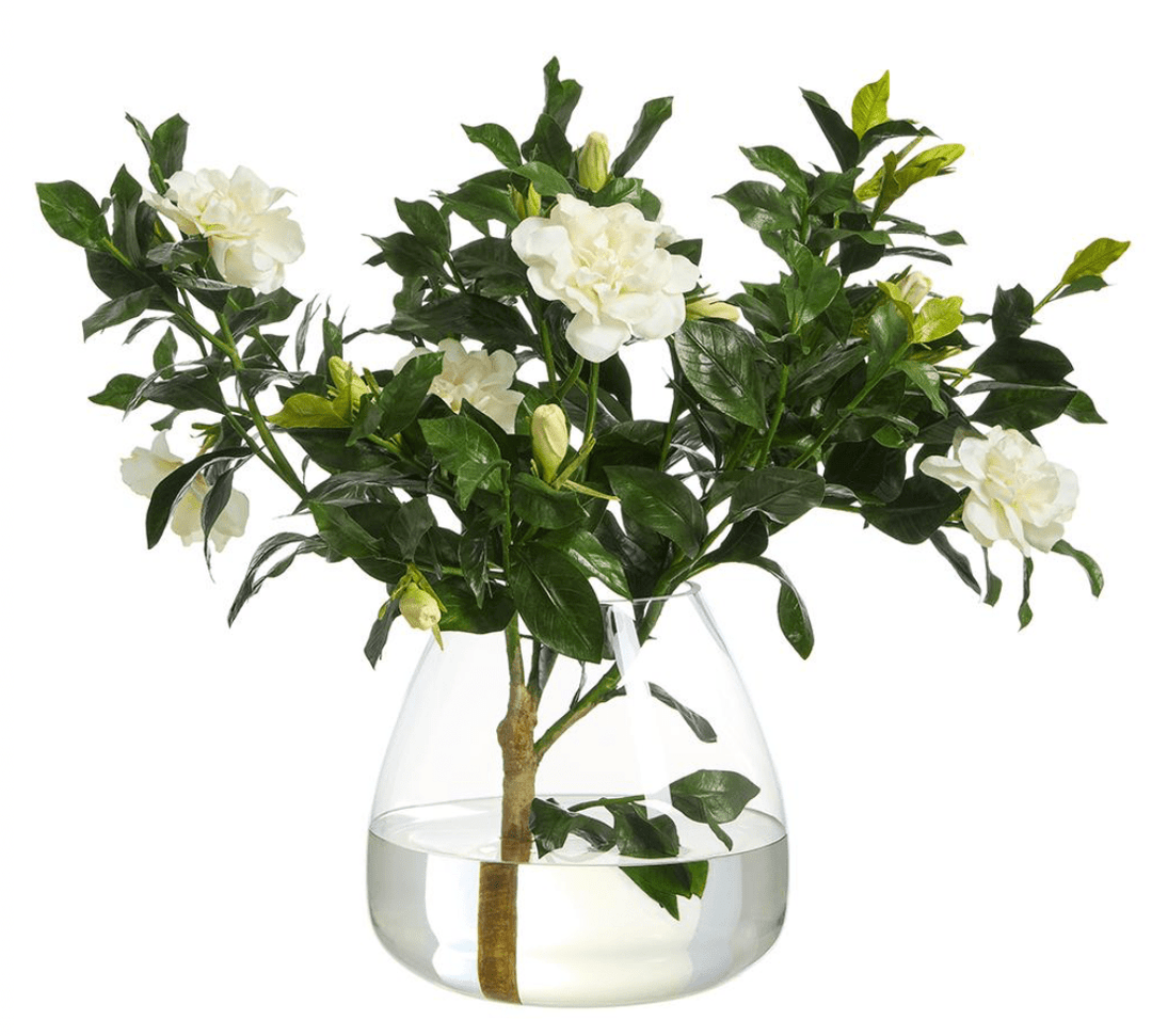 Gardenia Branch in Round Glass in White Green Glass - faux gardenia arrangement - Whats New Furniture Portland OR