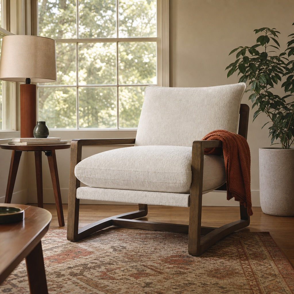 Geneva Boucle Upholstered Wood Arm Accent Chair Sand styled in Portland 1960s Garden Home ranch living room - What&