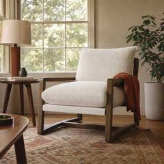 Geneva Boucle Upholstered Wood Arm Accent Chair Sand styled in Portland 1960s Garden Home ranch living room - What&