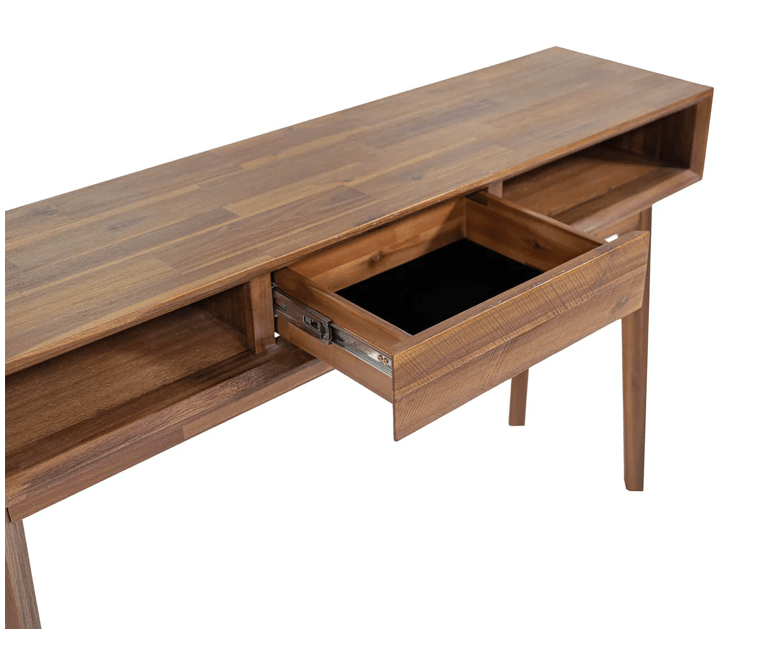 Gia Console Table in Warm Pecan variant open side angle - acacia console table by LH Imports - Whats New Furniture Portland OR