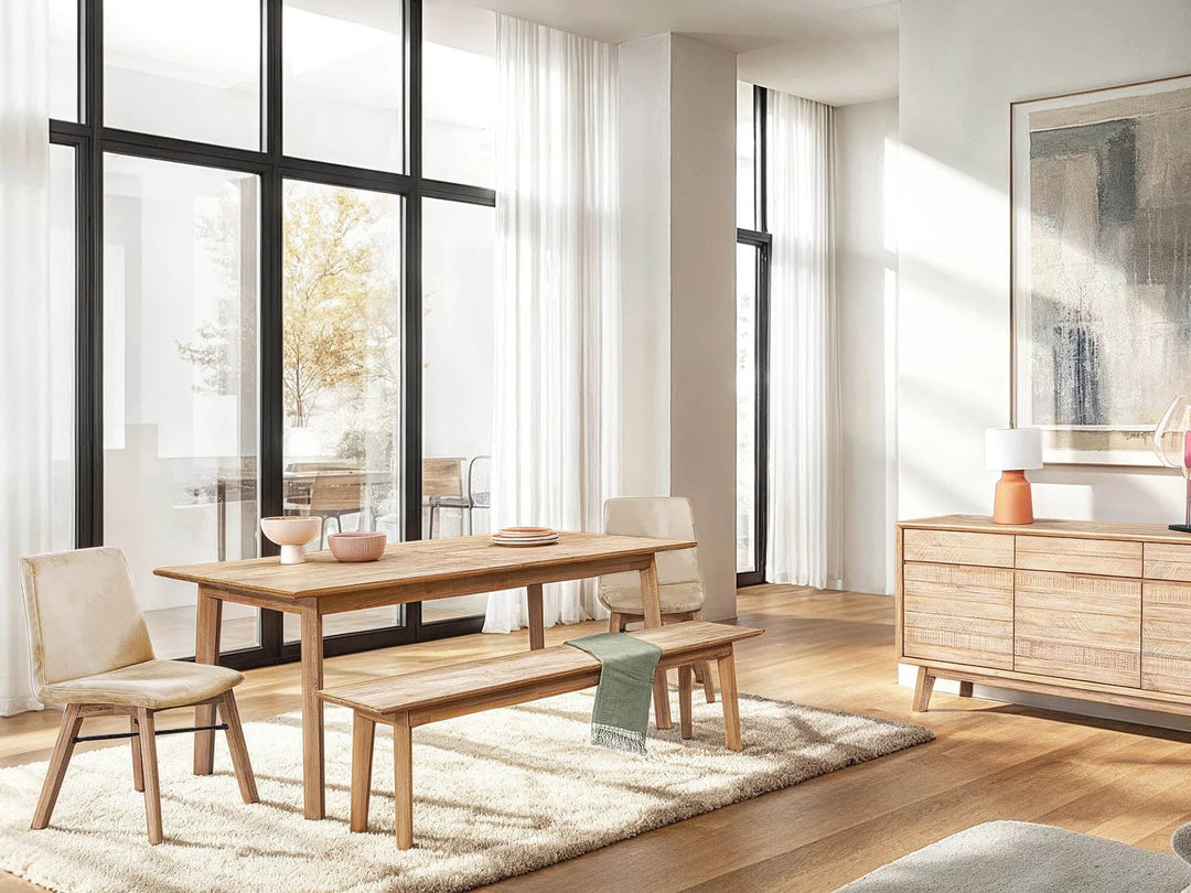 Gia Extension Dining Table in Light Driftwood 71-102 inch lifestyle setting - acacia extension dining table by LH Imports - Whats New Furniture Portland OR