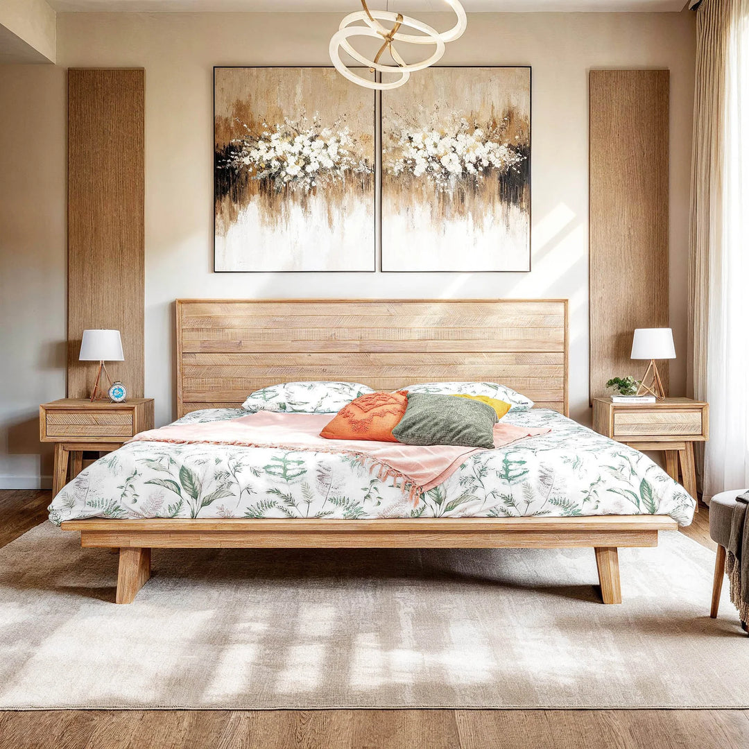 Gia Queen Bed Frame in Light Driftwood lifestyle setting - queen platform bed frame by LH Imports - Whats New Furniture Portland OR