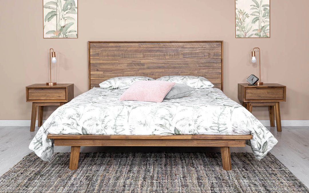 Gia Queen Bed Frame in Warm Pecan fabric colorway lifestyle setting - queen platform bed frame by LH Imports - Whats New Furniture Portland OR