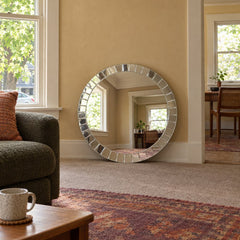 Mid-Century Round Wall Mirror in Silver styled in a Portland home - Whats New Furniture