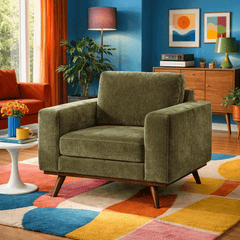 Glenwood Accent Chair in Moss Olive Green fabric closeup - mid-century velvet lounge chair private label - Whats New Furniture Portland OR
