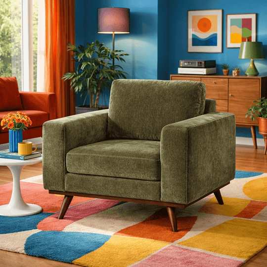 Glenwood Accent Chair in Moss Olive Green fabric closeup - mid-century velvet lounge chair private label - Whats New Furniture Portland OR